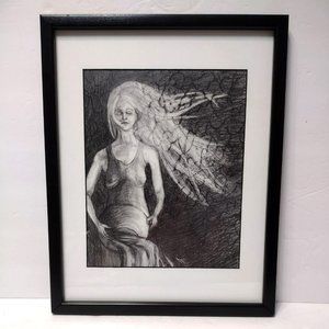 Framed Graphite Pencil Drawing of Woman, Original Art, Unsigned, Mermaid Girl